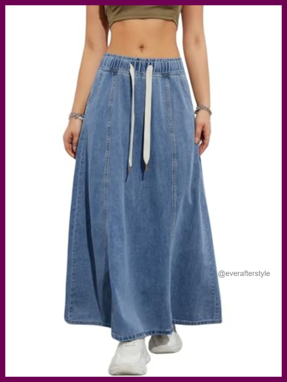 Women's High Waist A-Line Flare Maxi Denim Skirt with Pockets